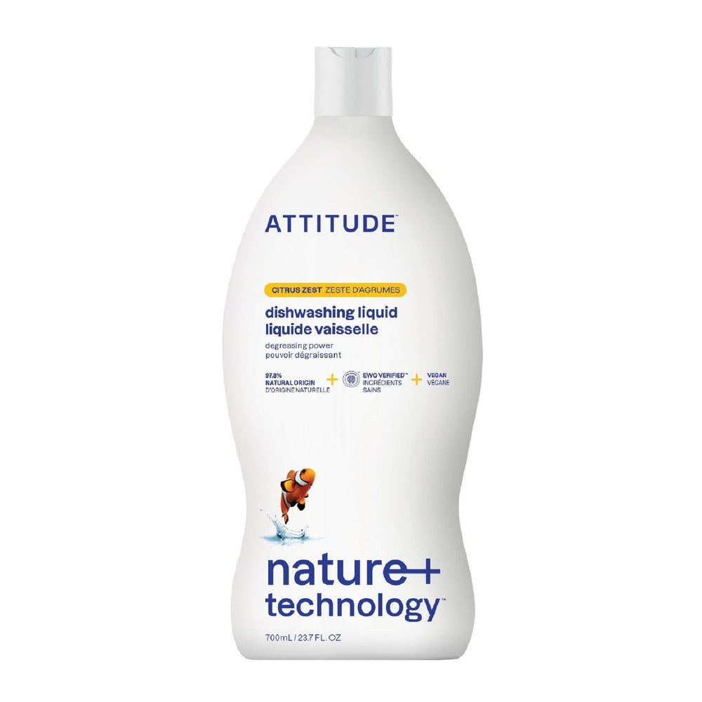 Attitude dishwashing liquid Citrus Zest 700 ml bottle in white plastic with blue ATTITUDE branding.