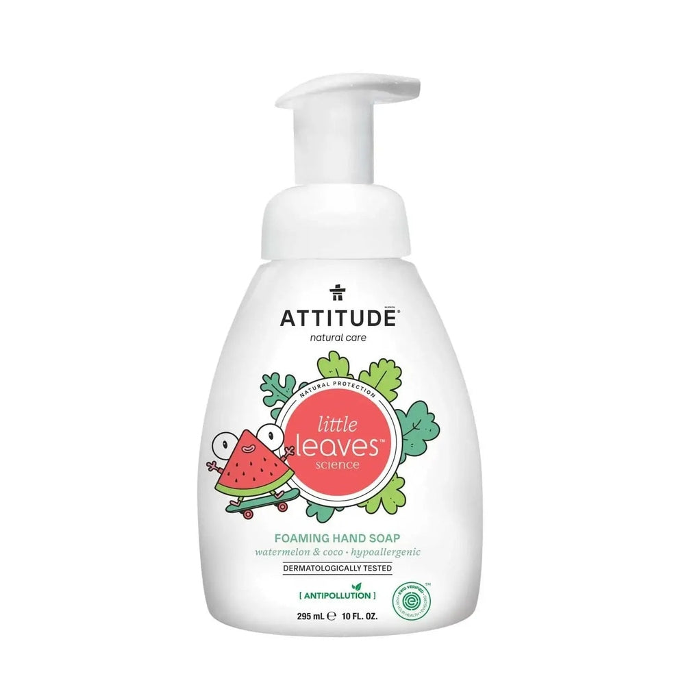 Attitude Foaming Hand Soap 295 ml with watermelon & coco, white bottle with pump dispensing foam.