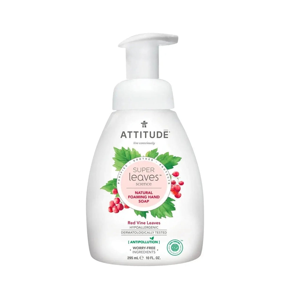 Attitude Foaming Hand Soap 295 ml in a white pump bottle with green leaves and red vine graphics; hypoallergenic and natural.