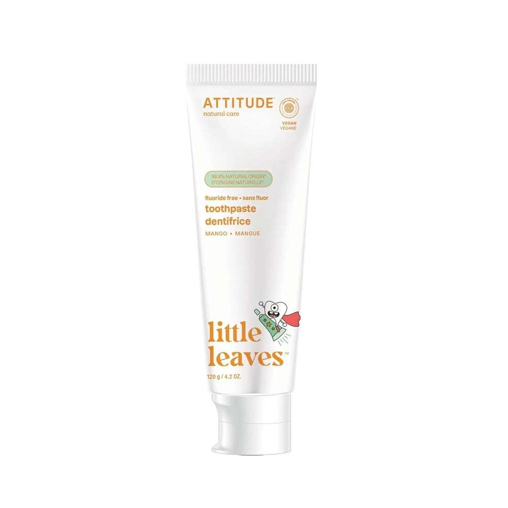 ATTITUDE Attitude Kids Fluoride Free Toothpaste Mango 120 g; white tube with Little Leaves mascot standing upright.
