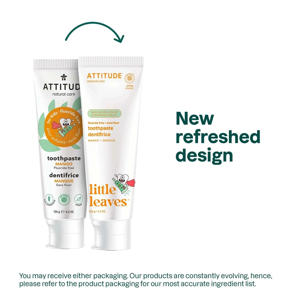 Attitude Kids fluoride-free toothpaste 120 g pair in mango flavor, showing kid-friendly packaging and fresh design.