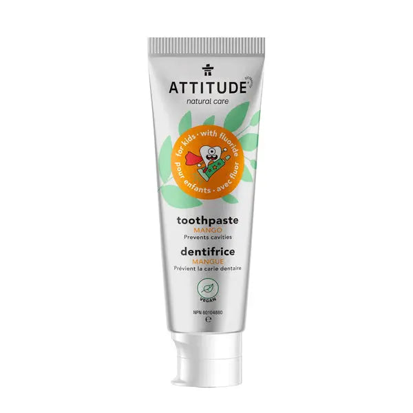 Attitude Kids Toothpaste With Fluoride 120G mango flavor; compact tube with flip-cap for kids.