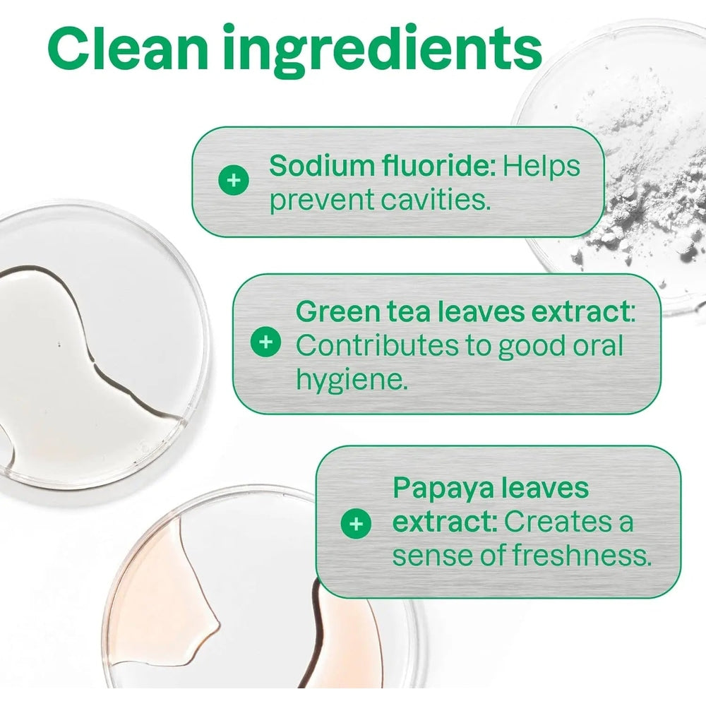 ATTITUDE Kids Toothpaste with Fluoride 120g; infographic shows fluoride prevents cavities and green tea/papaya extracts for freshness