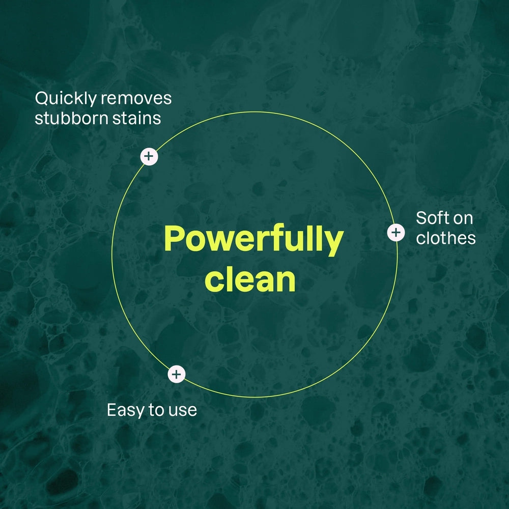 ATTITUDE Citrus Zest Laundry Stain Remover infographic showing powerful clean, easy to use, gentle on clothes