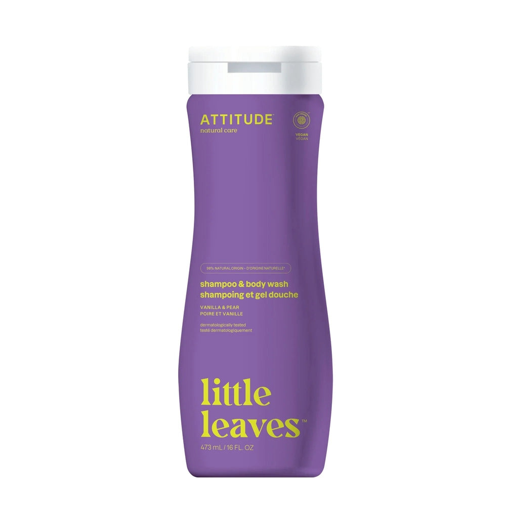 ATTITUDE Little Leaves 2-in-1 Shampoo & Body Wash, vanilla & pear, 473 ml purple bottle