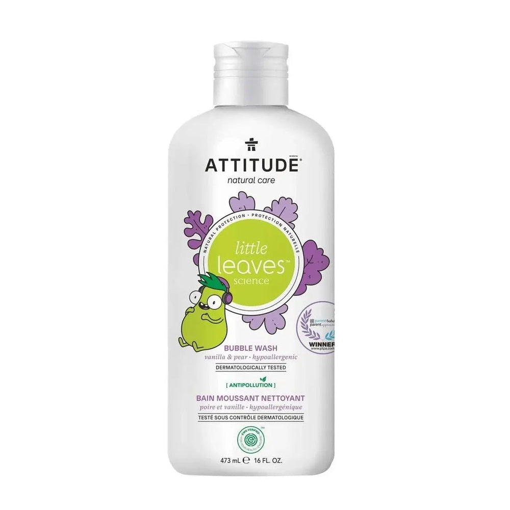 Attitude Natural Bubble Wash 473 ml bottle, white with Little Leaves design featuring a green cartoon leaf character.