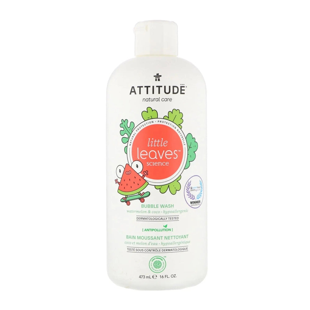 ATTITUDE Natural Bubble Wash 473 ml bottle stands upright on white background, Little Leaves artwork with watermelon motif.