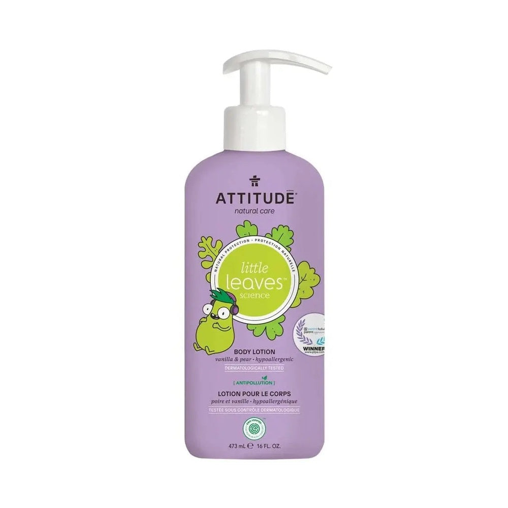 ATTITUDE Natural Little Leaves Body Lotion 473 ml in purple pump bottle, ready to dispense gentle baby skin care.