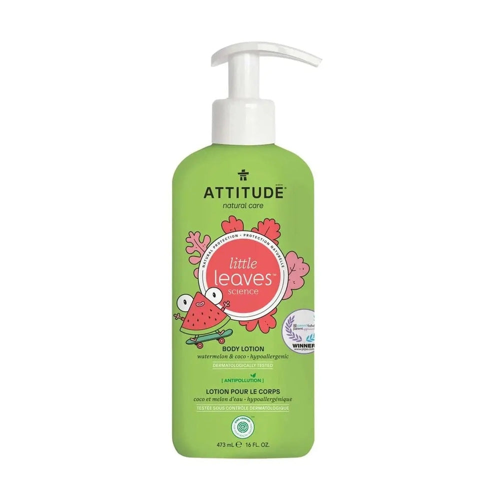 ATTITUDE Natural Little Leaves Body Lotion 473 ml in a green pump bottle dispensed for hydration.