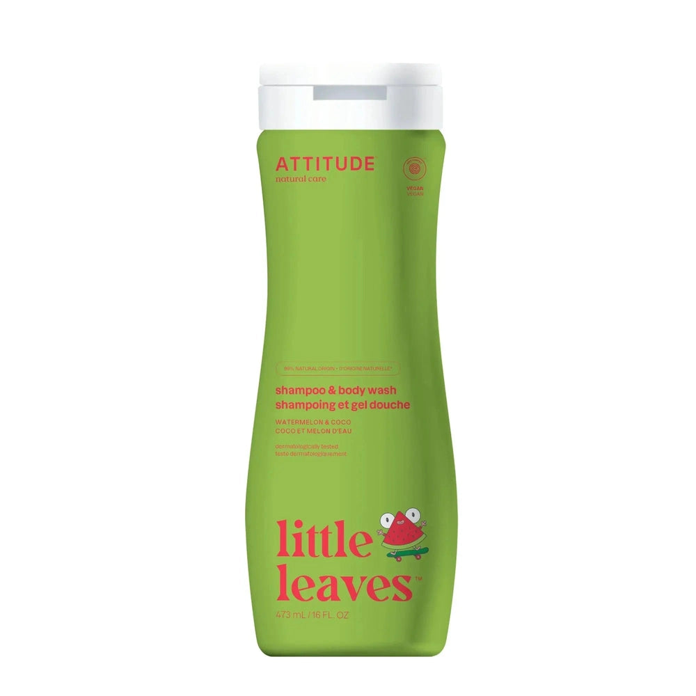 Attitude Natural Shampoo & Body Wash 473 ml green bottle with white cap, showing watermelon & coco scent.