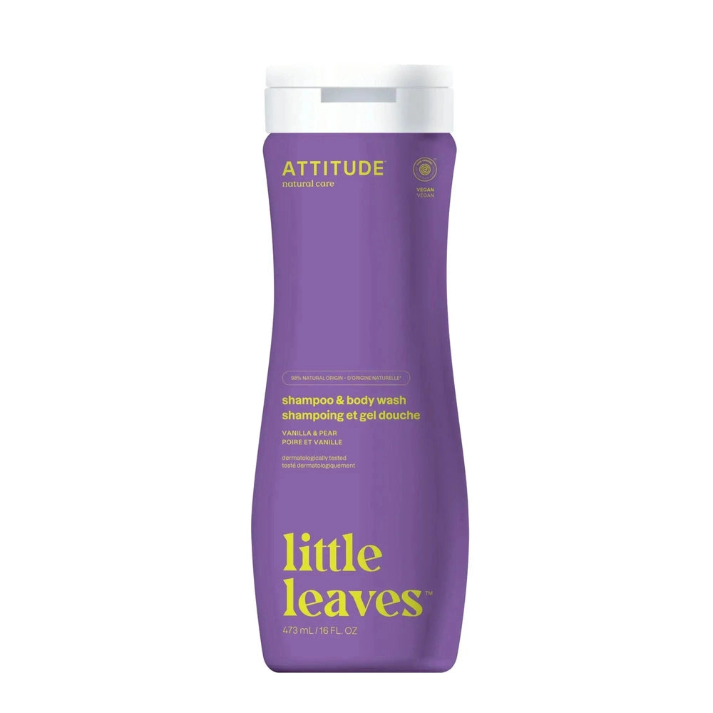 Attitude natural shampoo & body wash 473 ml, purple bottle with white cap, vanilla & pear scent.