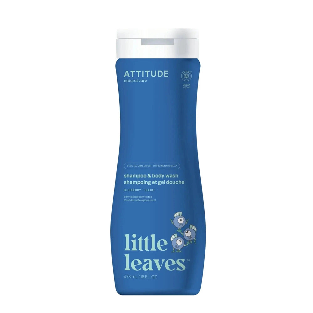 ATTITUDE Natural Shampoo & Body Wash 473 ml bottle, blue with white cap, standing upright; blueberry scent.