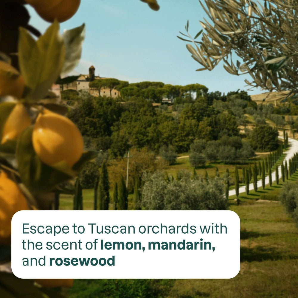 Attitude room spray, lemon, mandarin, and rosewood scent, in a Tuscan orchard backdrop