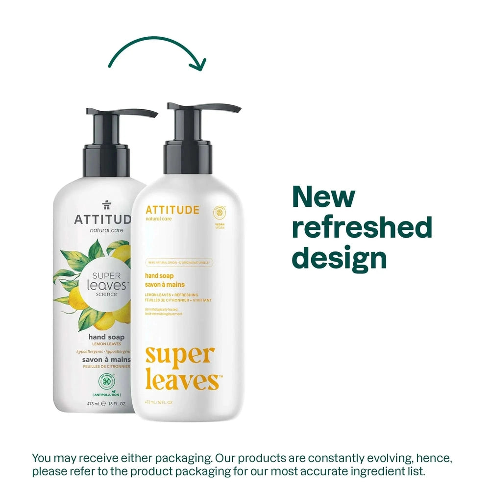 Attitude Super Leaves Natural Liquid Hand Soap 473 ml, two pump bottles with lemon leaf labels, new refreshed design.