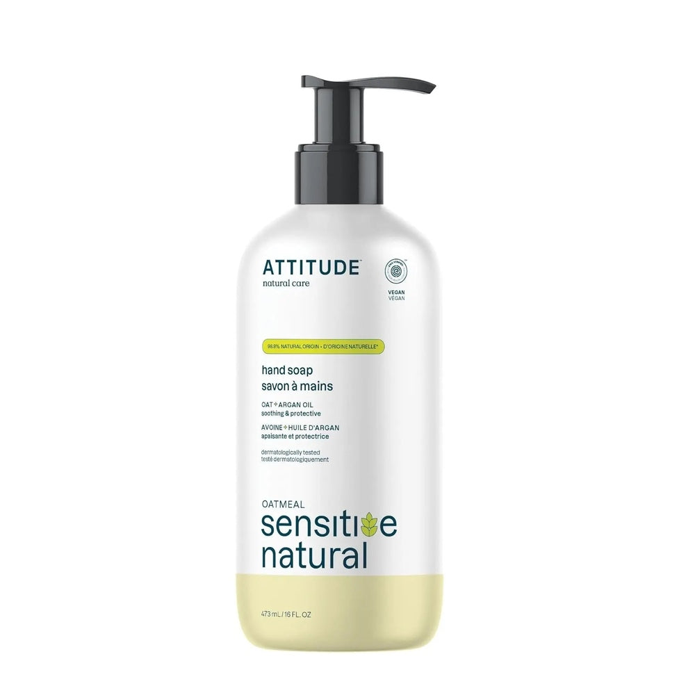 ATTITUDE Super Leaves Natural Liquid Hand Soap 473 ml with black pump on white bottle, vegan oat + argan oil