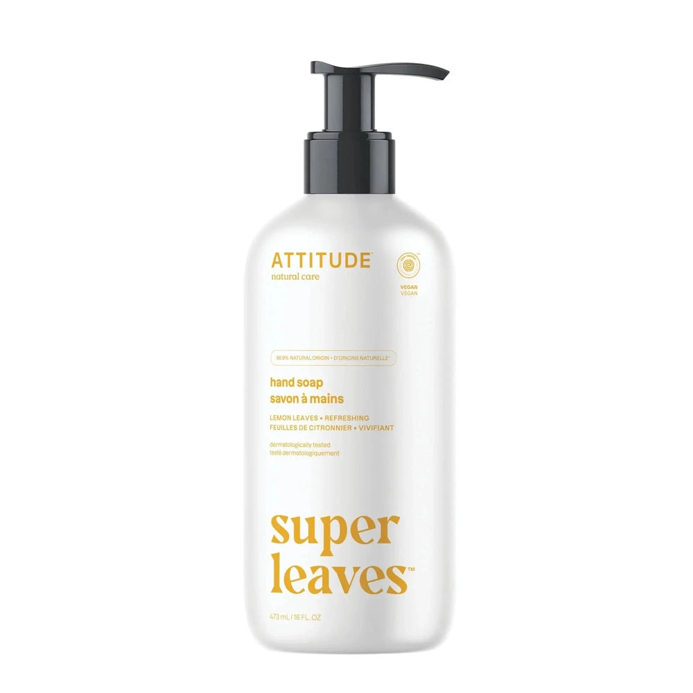 Attitude Super Leaves natural liquid hand soap bottle with black pump ready to dispense, 473 ml