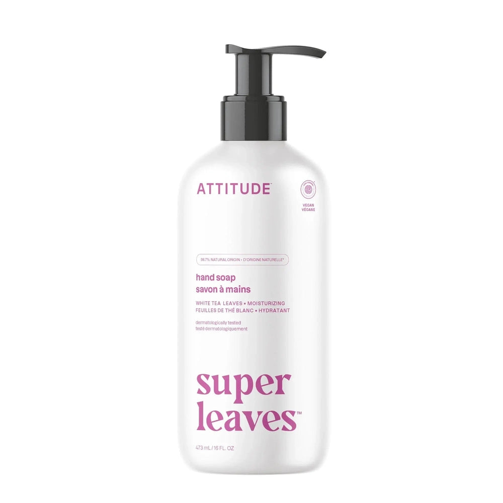 ATTITUDE Super Leaves Natural Liquid Hand Soap 473 ml bottle with black pump ready to dispense.