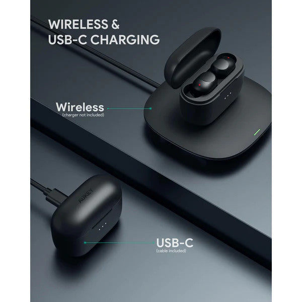 Aukey wireless charging earbuds Elevation with in-ear detection, black; charging case and USB-C cable included