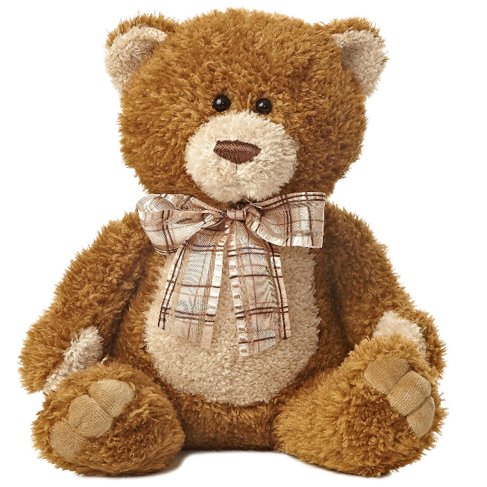Aurora Brown Sugar bear plush stuffed animal with a plaid bow, soft plush toy