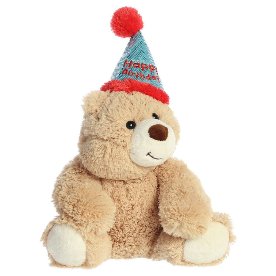 Aurora bear plush, 12in, wearing a blue birthday hat with red pom and Happy Birthday text