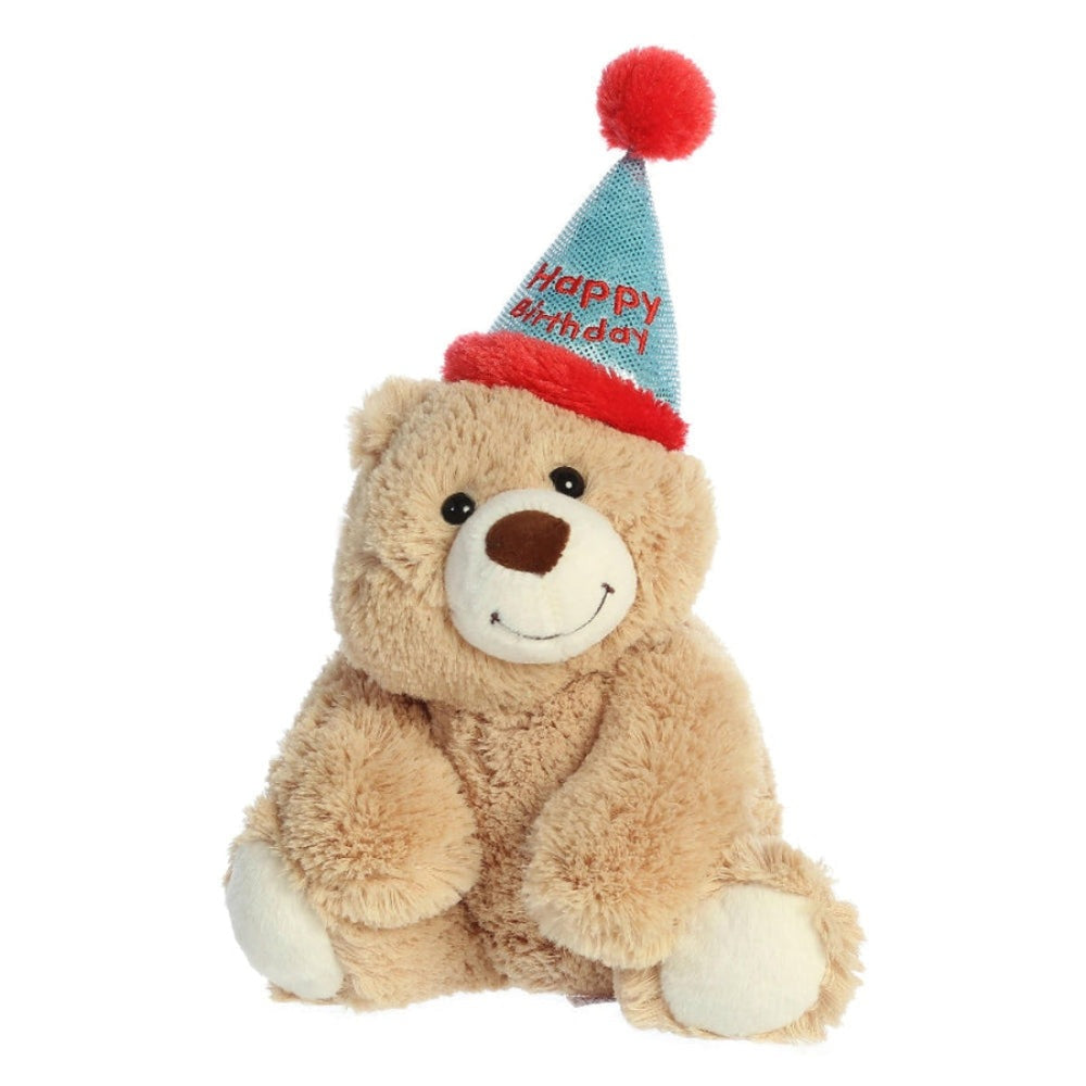 Aurora 12-inch Happy Birthday Bear stuffed animal in beige plush with blue party hat and red pom