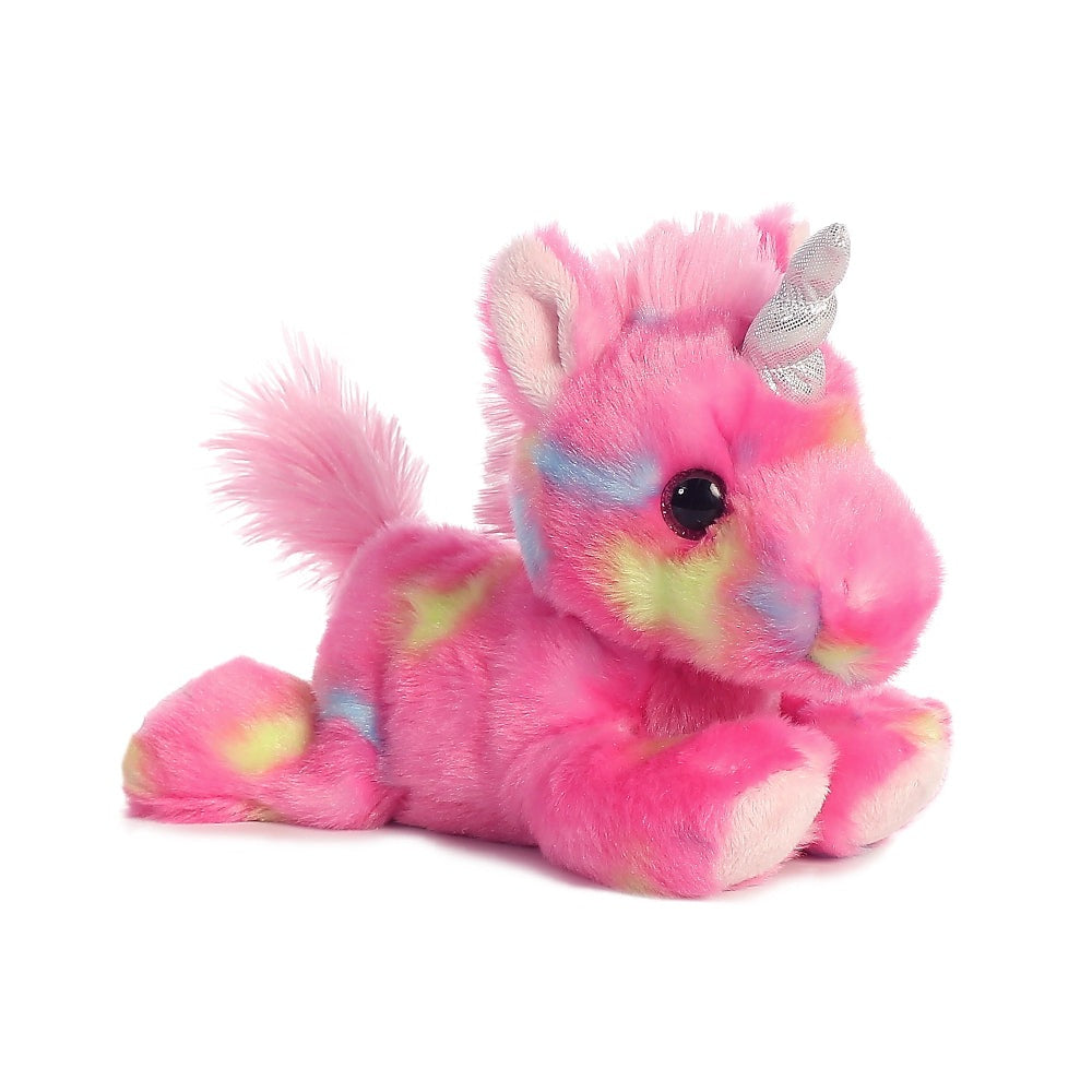 Aurora Jellyroll Unicorn stuffed animal; pink rainbow plush with a silver horn, 7 inches tall