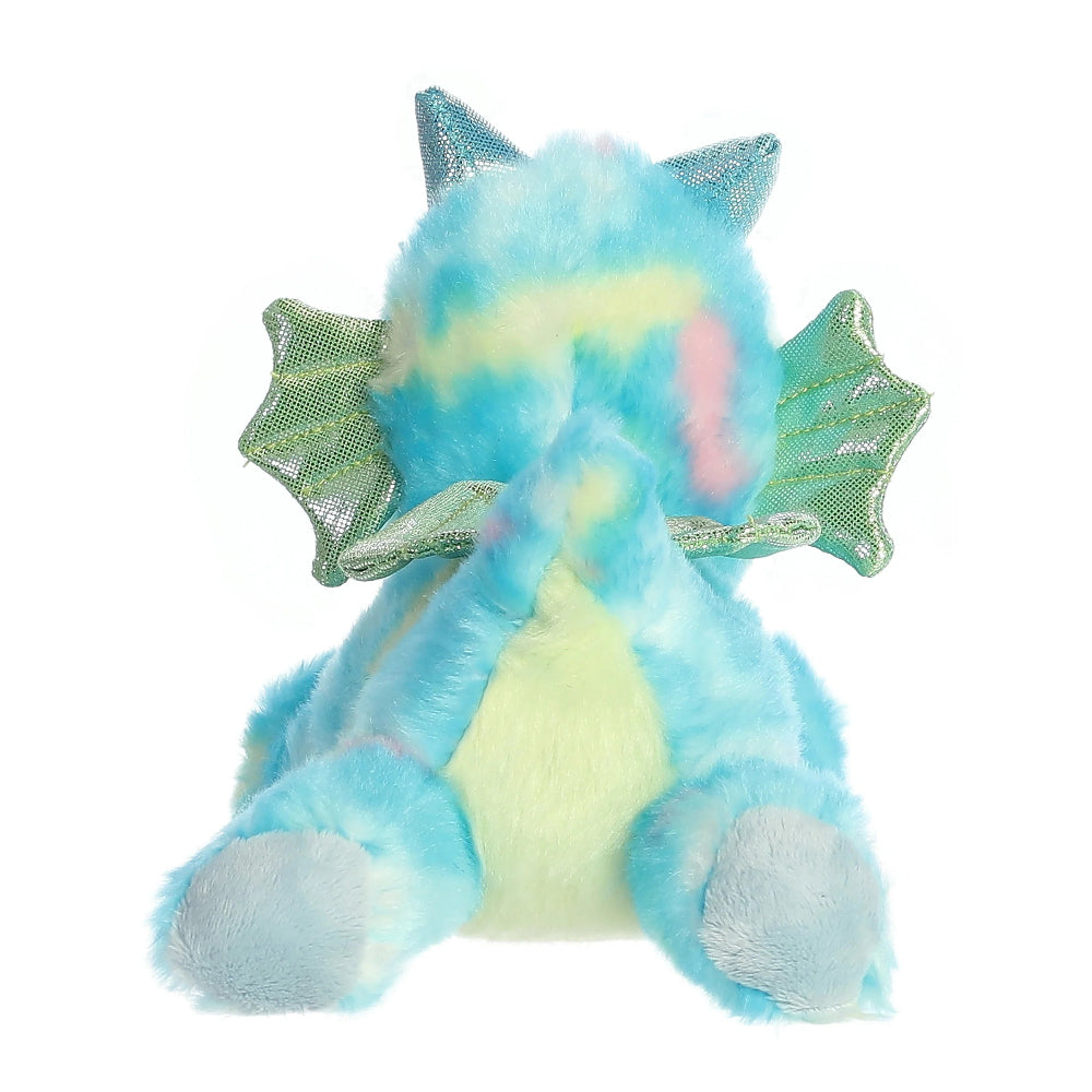 Aurora Sprinkles Dragon plush toy, pastel blue with rainbow accents and silver wings
