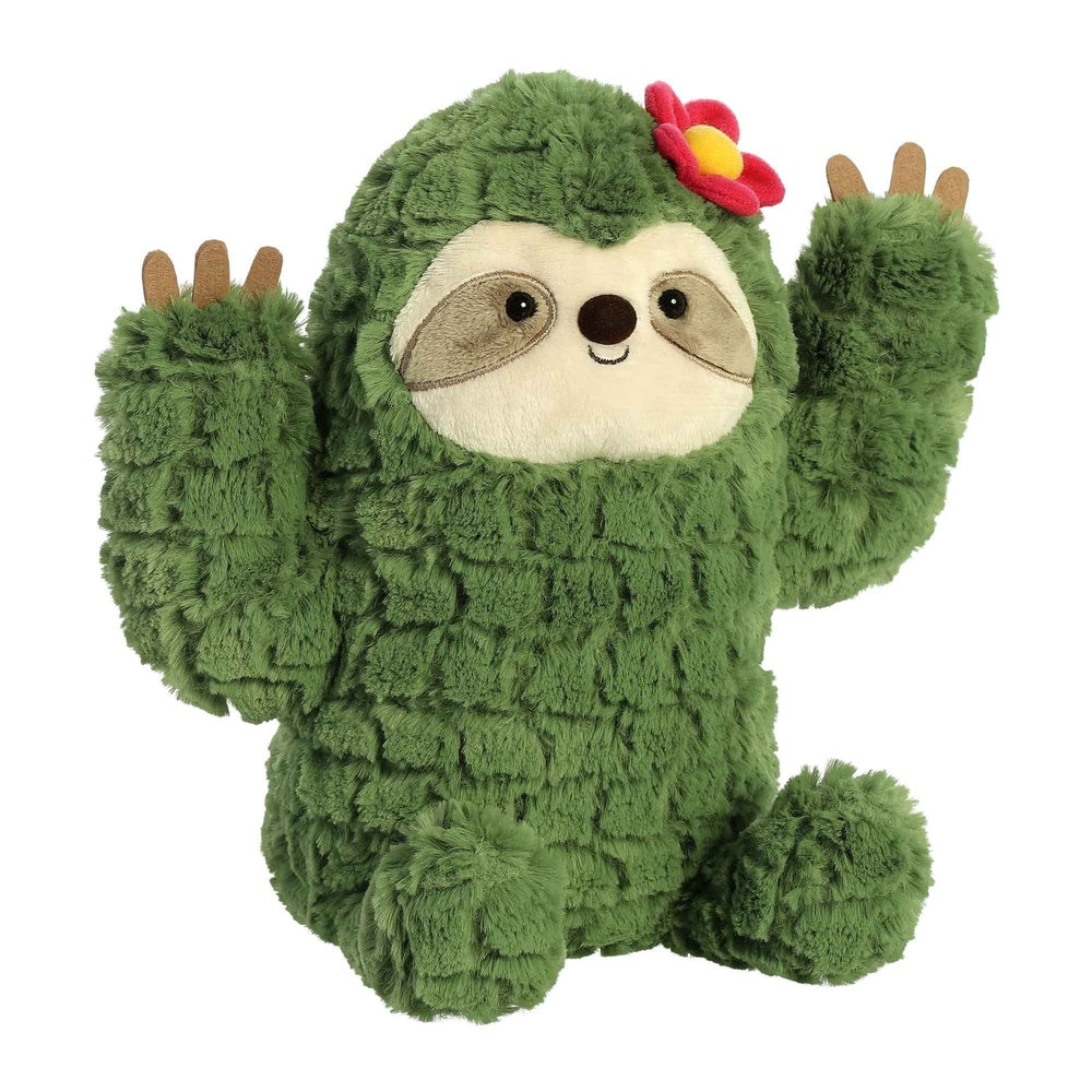 Aurora Cactus Kingdom sloth stuffed animal, green plush with flower on head, 10 inches