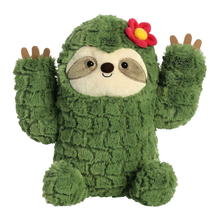 Aurora Cactus Kingdom sloth plush, green fuzzy fabric with red flower, 10 inches