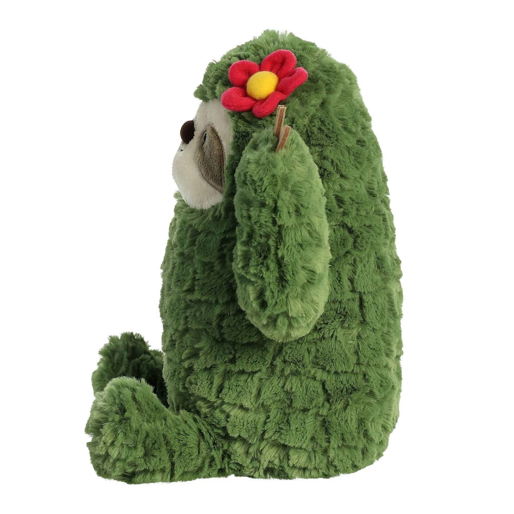 Aurora Cactus Kingdom sloth plush, green fuzzy with red flower, 10 inches