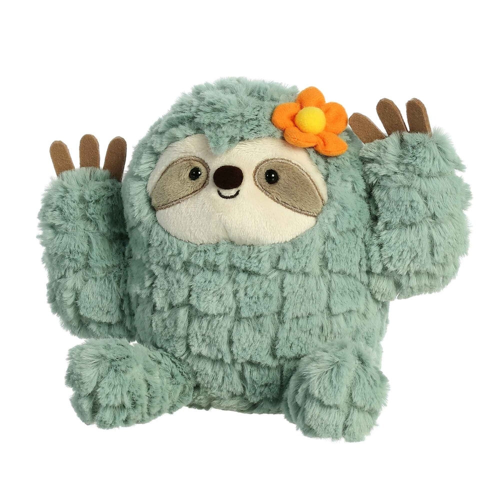 Aurora sloth stuffed animal, 7.5in teal plush with orange flower and brown claws.