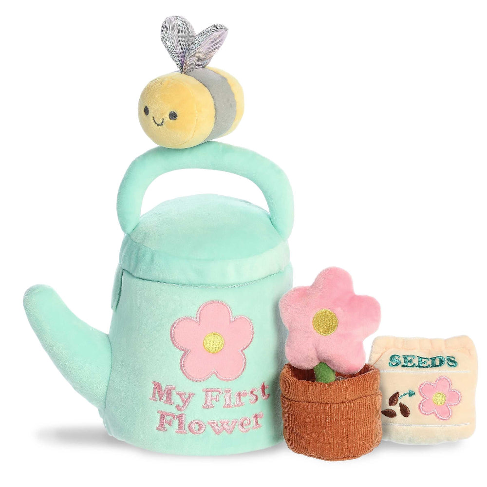 Aurora Ebba My First Flower 7in plush set: mint watering can, bee topper, pink flower & seed packet