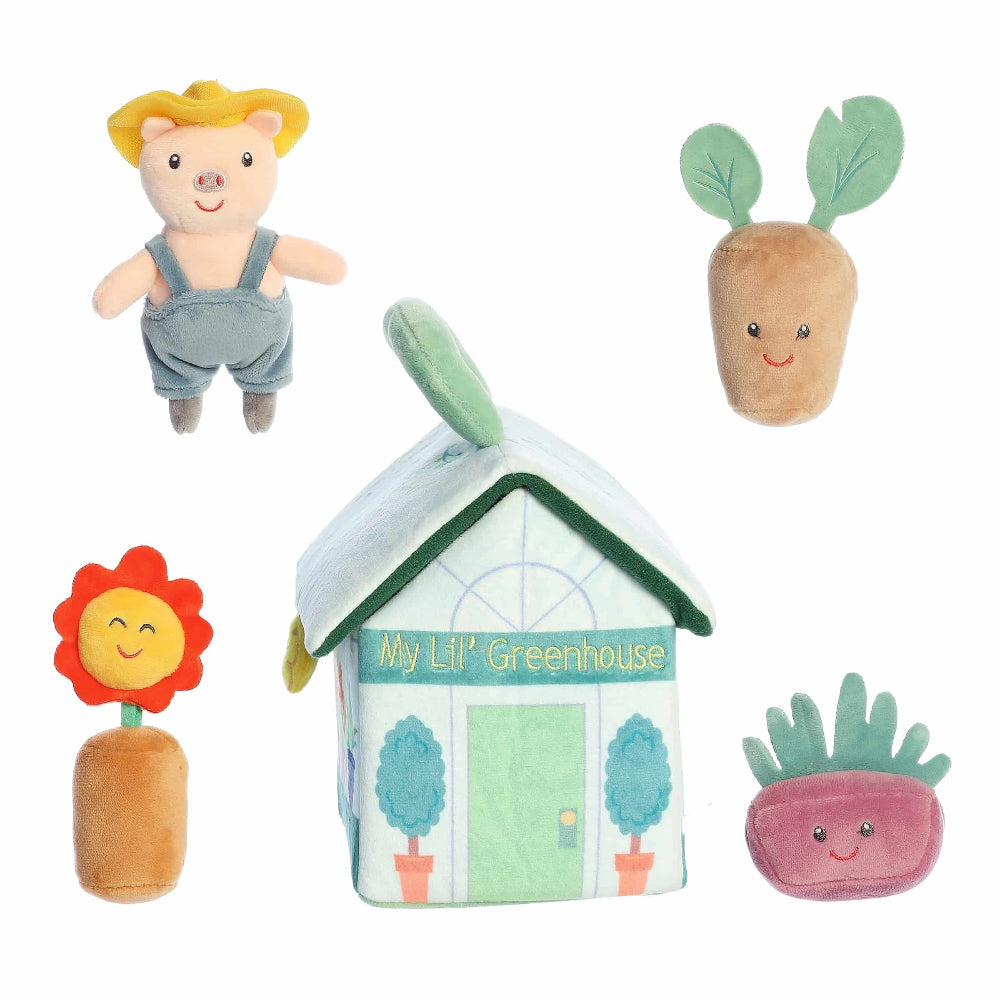Aurora Ebba Baby Talk My First Greenhouse plush set with five soft toys and fabric greenhouse