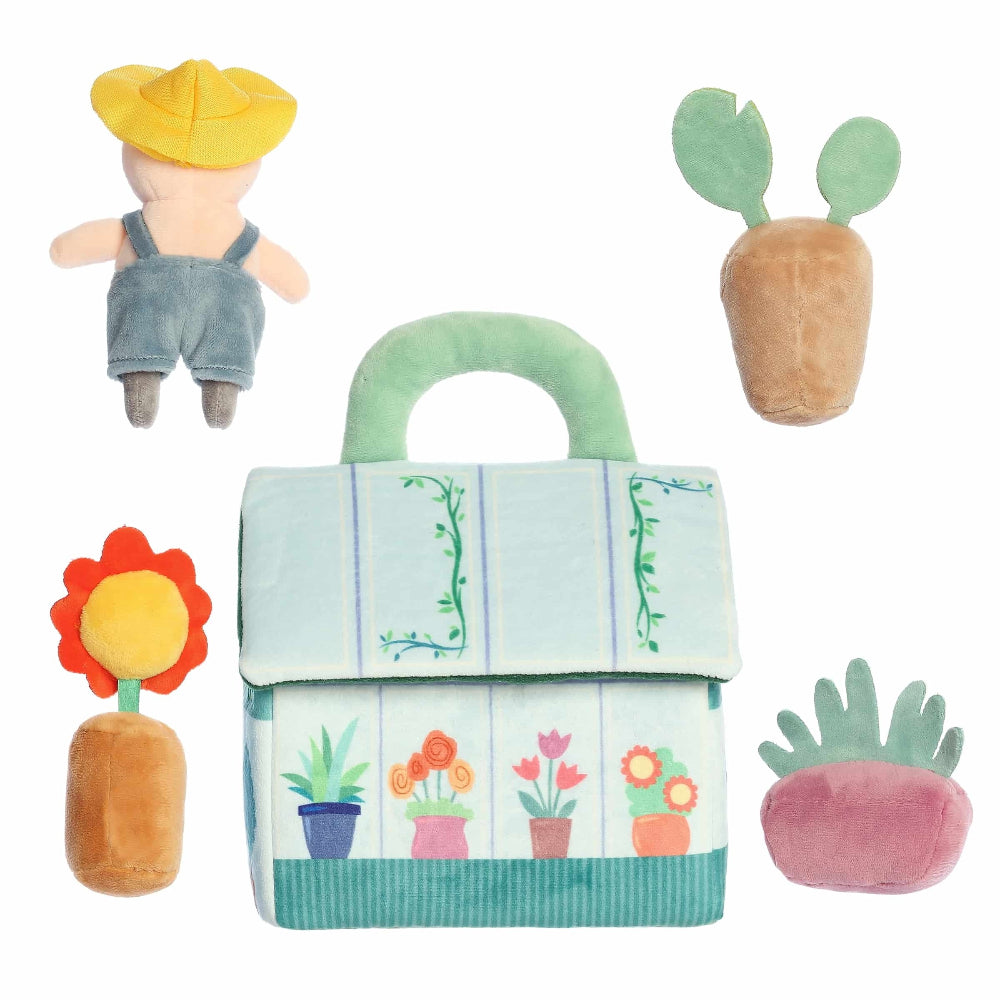 Aurora Ebba Baby Talk My First Greenhouse plush set; 8.5-inch soft garden bag with gardener, carrot plant, flower and potted plants