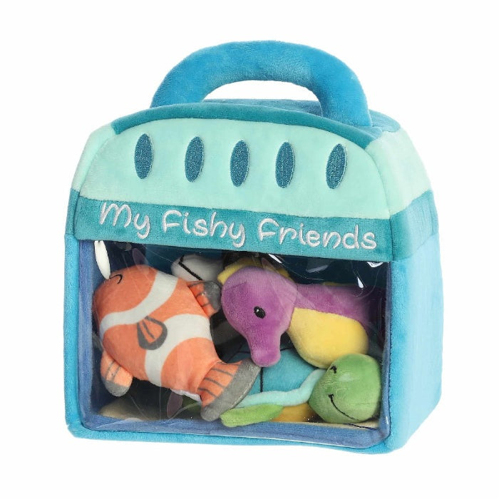 Aurora Ebba Baby Talk My Fishy Friends 8-inch plush set in turquoise carry bag with colorful fish plush toys