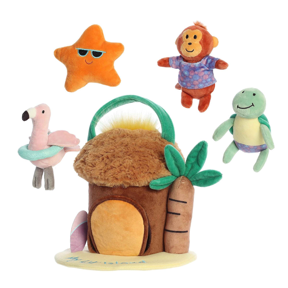 Aurora Ebba Baby Talk My Lil' Island 7.5in plush set with starfish, flamingo, monkey and turtle around a palm-tree hut