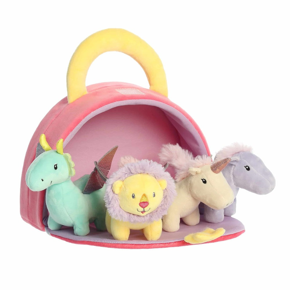 Aurora Ebba Baby Talk My Rainbow Friends 8.5-inch plush set with four colorful stuffed animals in a pink carry backpack