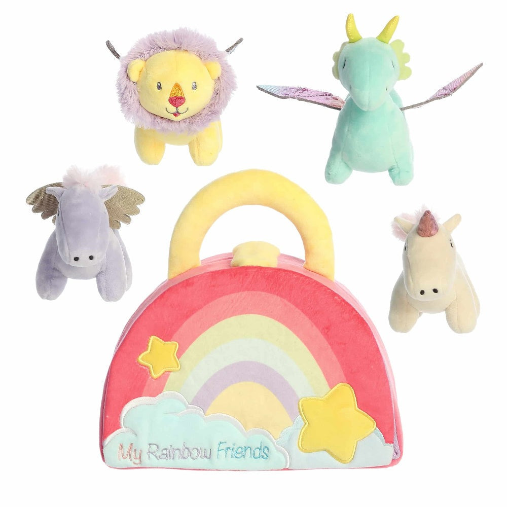 Aurora Ebba Baby Talk My Rainbow Friends plush set—5 pastel stuffed toys and a rainbow backpack