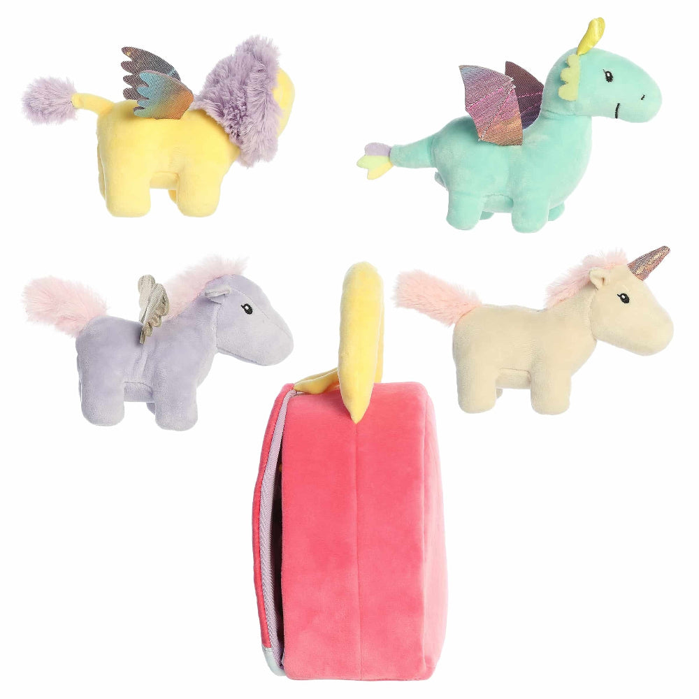 Aurora Ebba Baby Talk Rainbow Friends unicorn plush set of 5 in pastel colors with pink carrying case