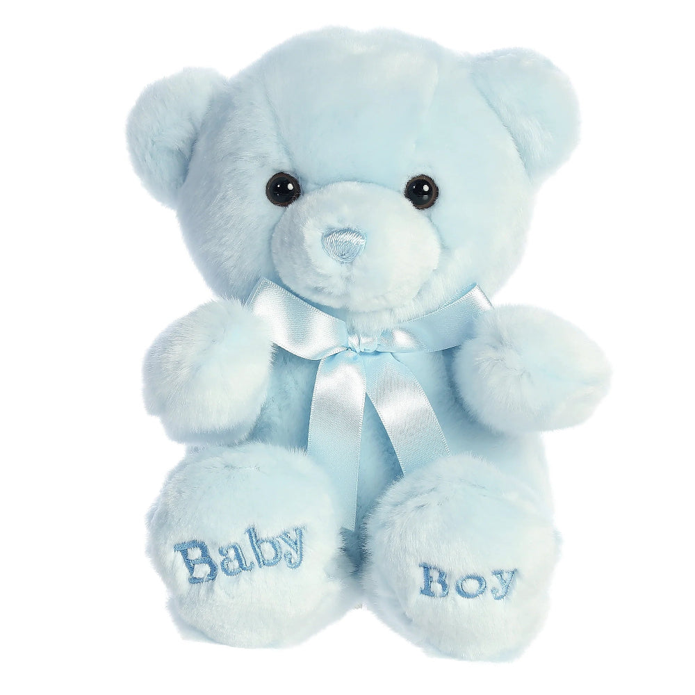 Aurora Ebba Comfy Baby Boy 10-inch light blue stuffed teddy bear with satin ribbon and embroidered feet