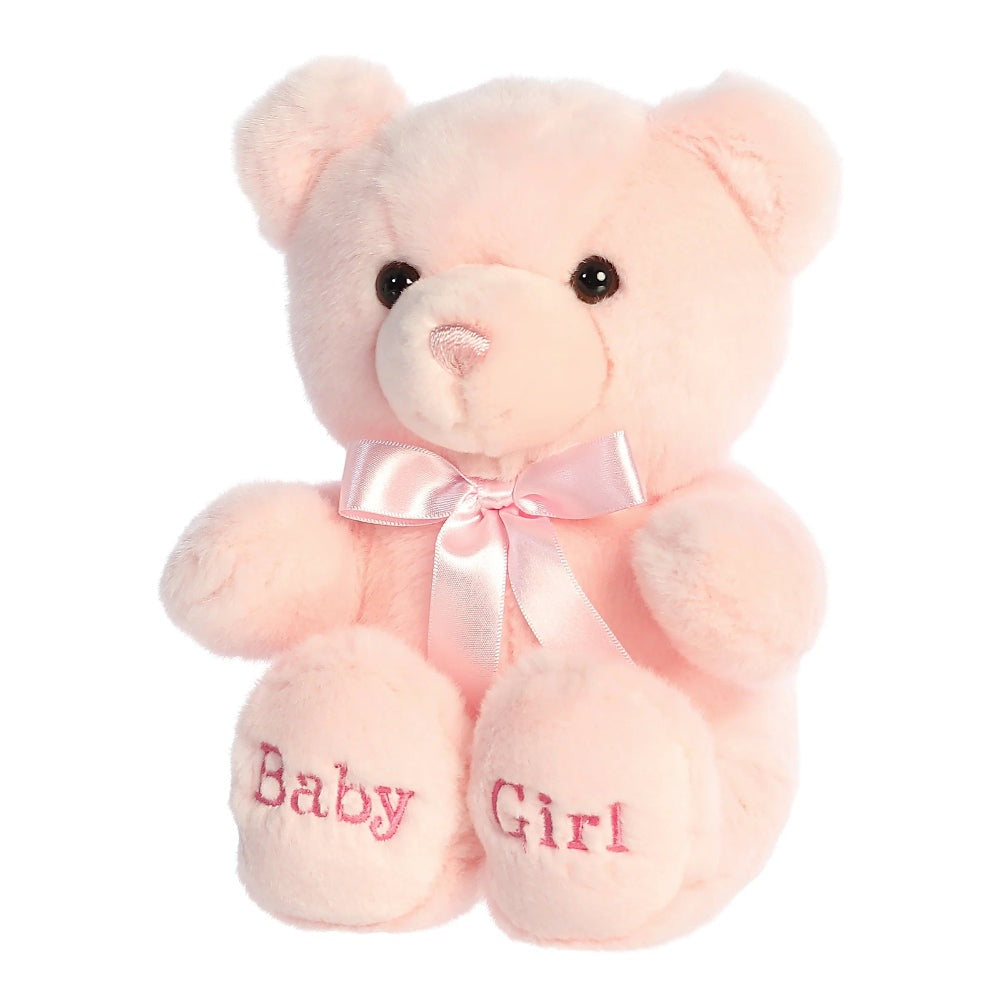 Aurora Ebba Comfy Baby Girl 10in pink plush stuffed teddy with satin bow and Baby Girl embroidery