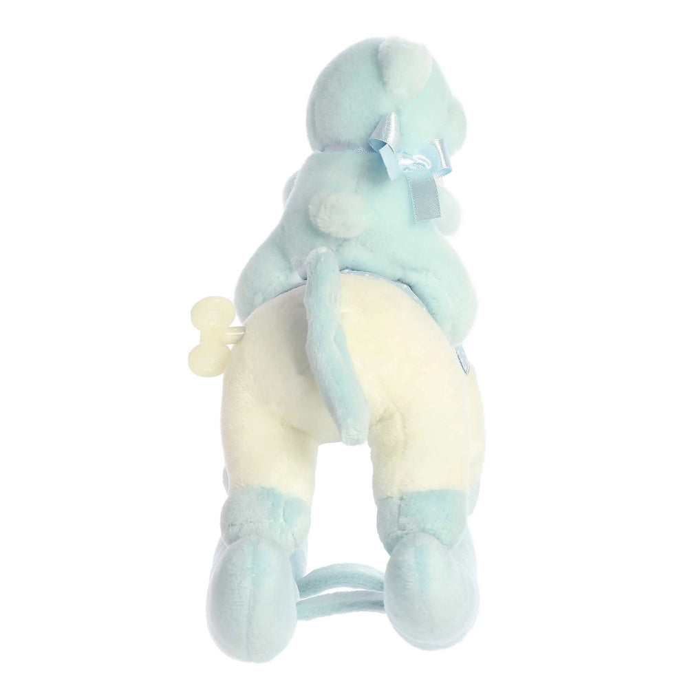 Stuffed rocking horse plush from Aurora Ebba Musicals, light blue with cream belly and bow