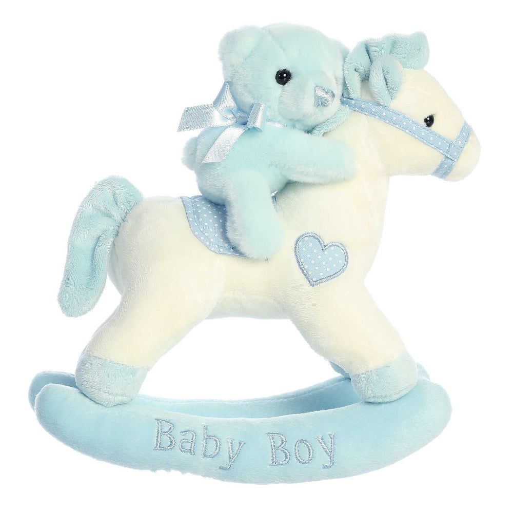 Aurora Ebba Musicals Baby Boy rocking horse plush, light blue with polka-dotted saddle and heart patch