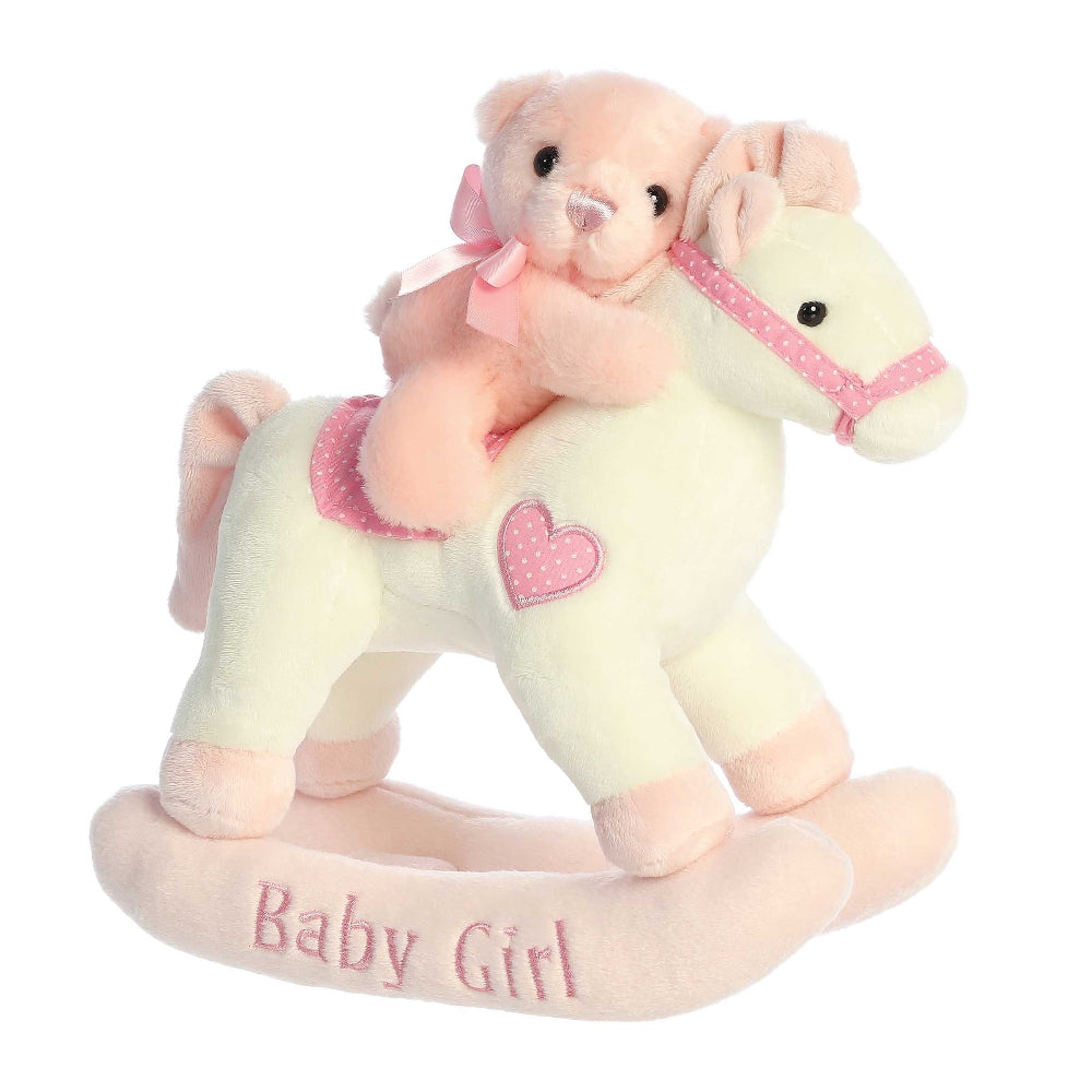 Aurora Ebba Musicals Baby Girl rocking horse stuffed toy, pastel pink rocking horse with a bear rider