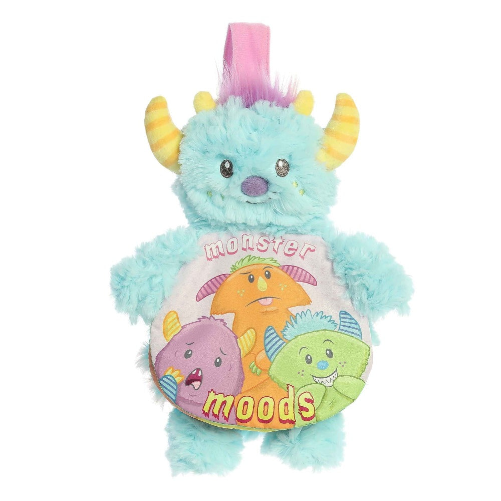 Aurora Ebba Story Pals monster moods plush, 9-inch turquoise toy with yellow striped horns and pink loop