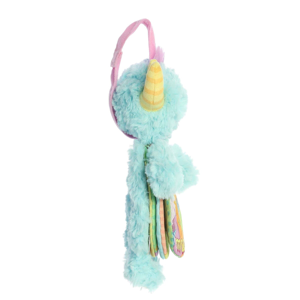 Aurora Ebba Story Pals 9-inch turquoise unicorn plush with yellow horn and pink strap