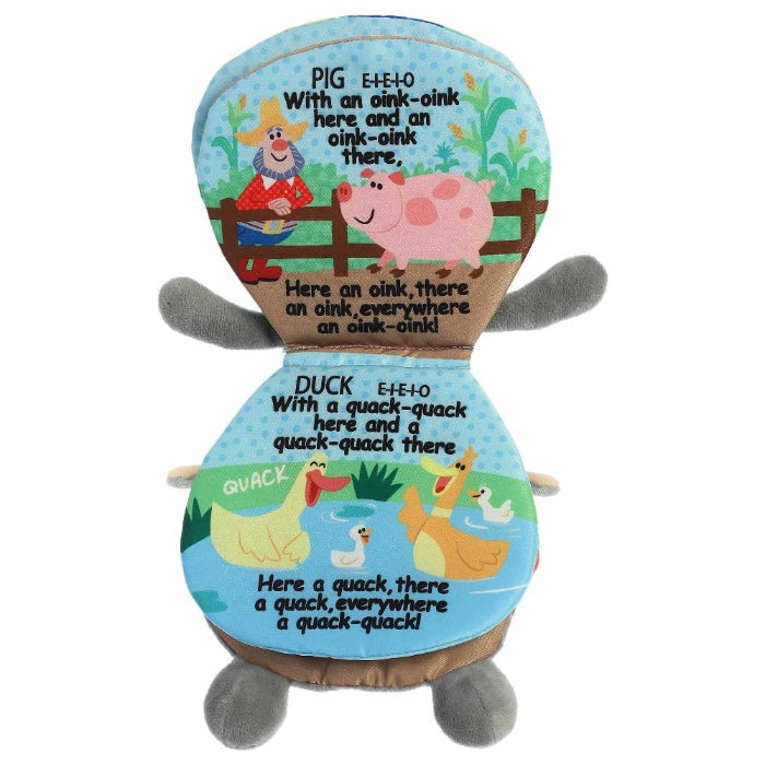 Aurora Ebba Story Pals Old Macdonald 9in plush stuffed animal with farm animal print on blue/brown fabric