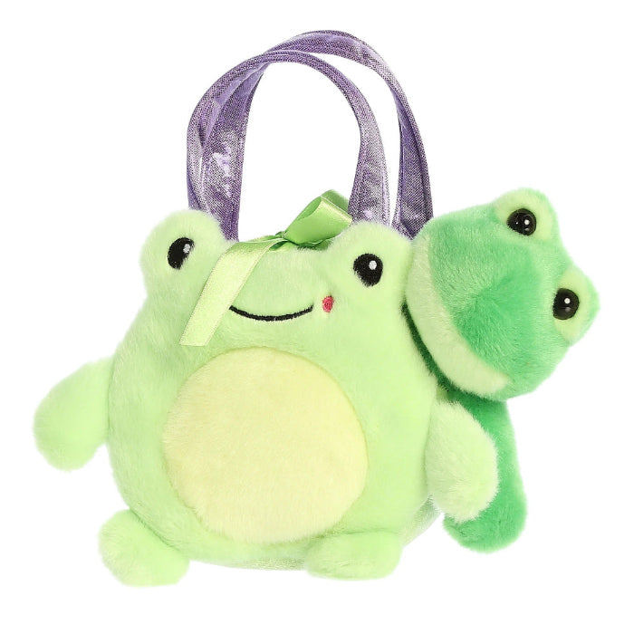 Aurora Fancy Pals Frog 8" plush toy with purple handle bag; lime green with yellow belly