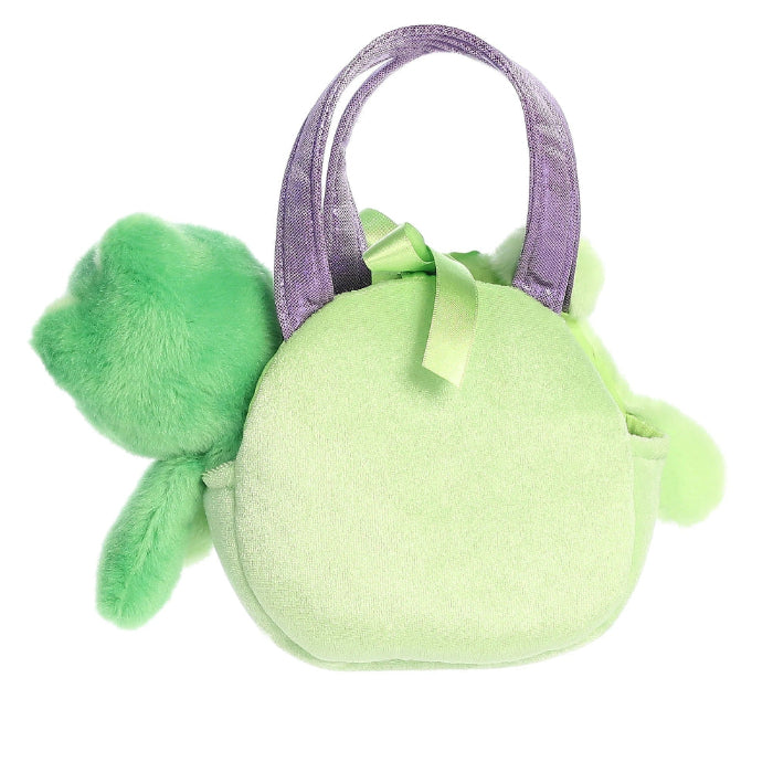 Aurora Fancy Pals Frog plush toy, 8 inches, lime green body with purple handles.