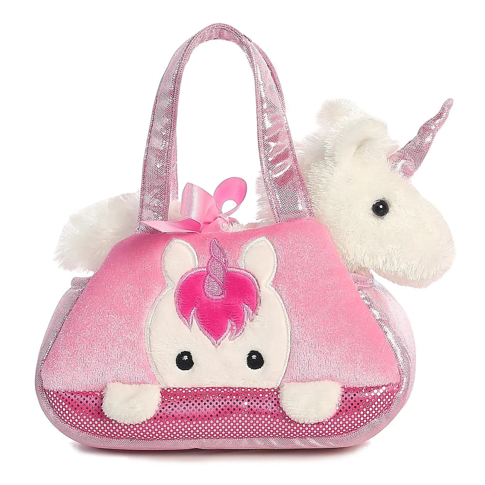 Aurora Fancy Pals Peek-A-Boo Unicorn 7" plush purse toy in pink with glitter handles; unicorn head peeks from the bag.